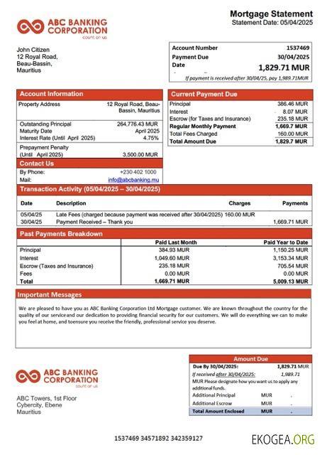 Modèle Word et PDF de relevé hypothécaire de Maurice ABC Banking Corporation Ltd